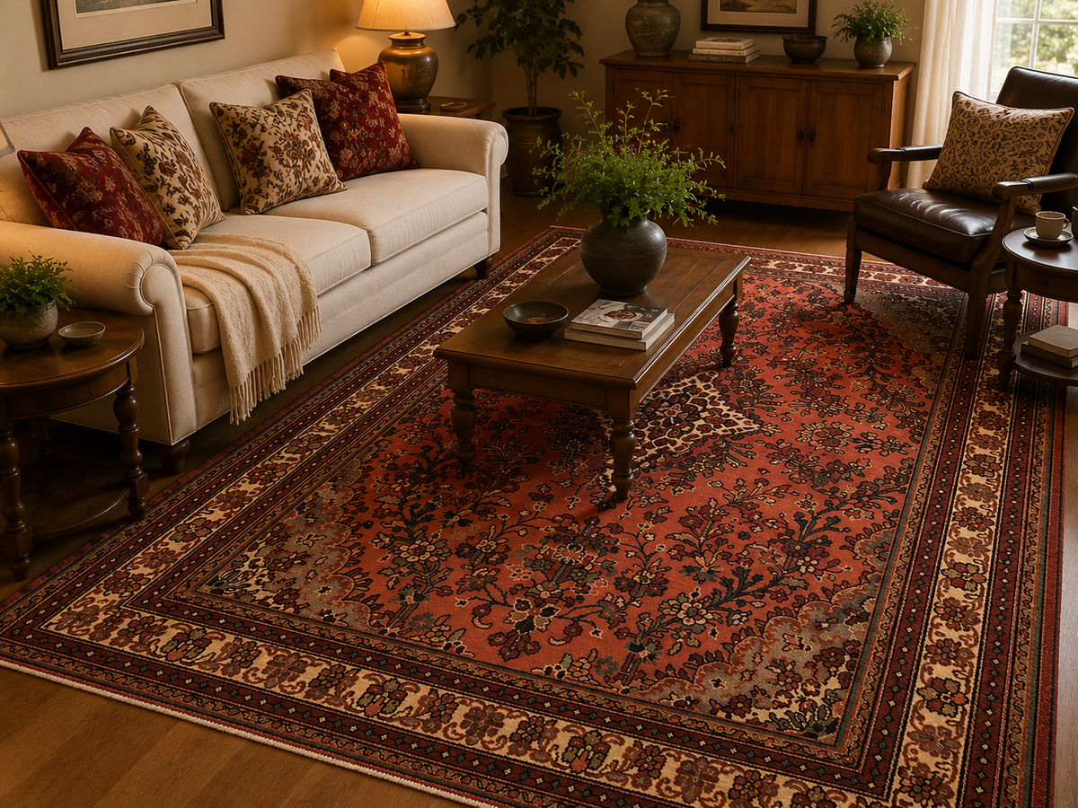 Handgemaakt Perzisch wollen vloerkleed 7x10 room styling example