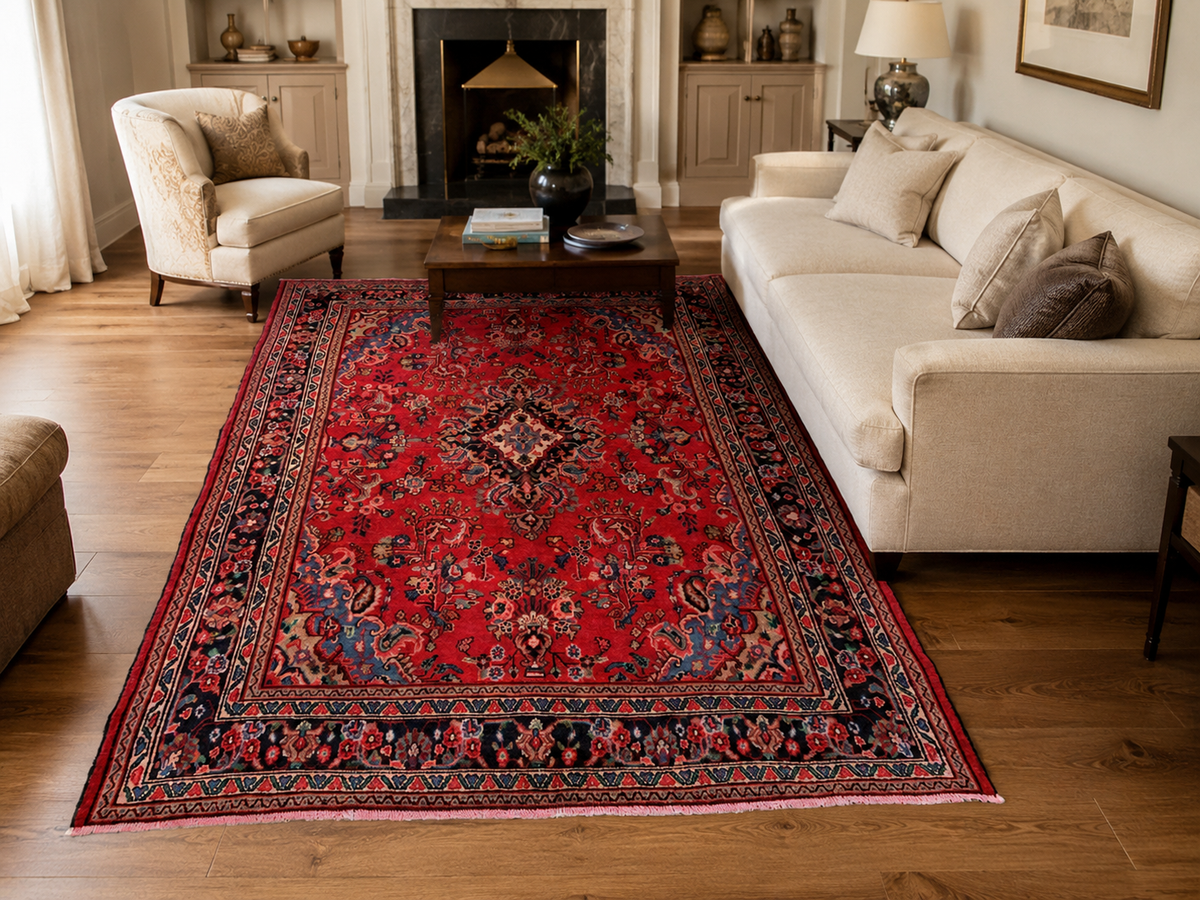 9'9" x 7'0" Handmade Persian Wool Rug styled in a room