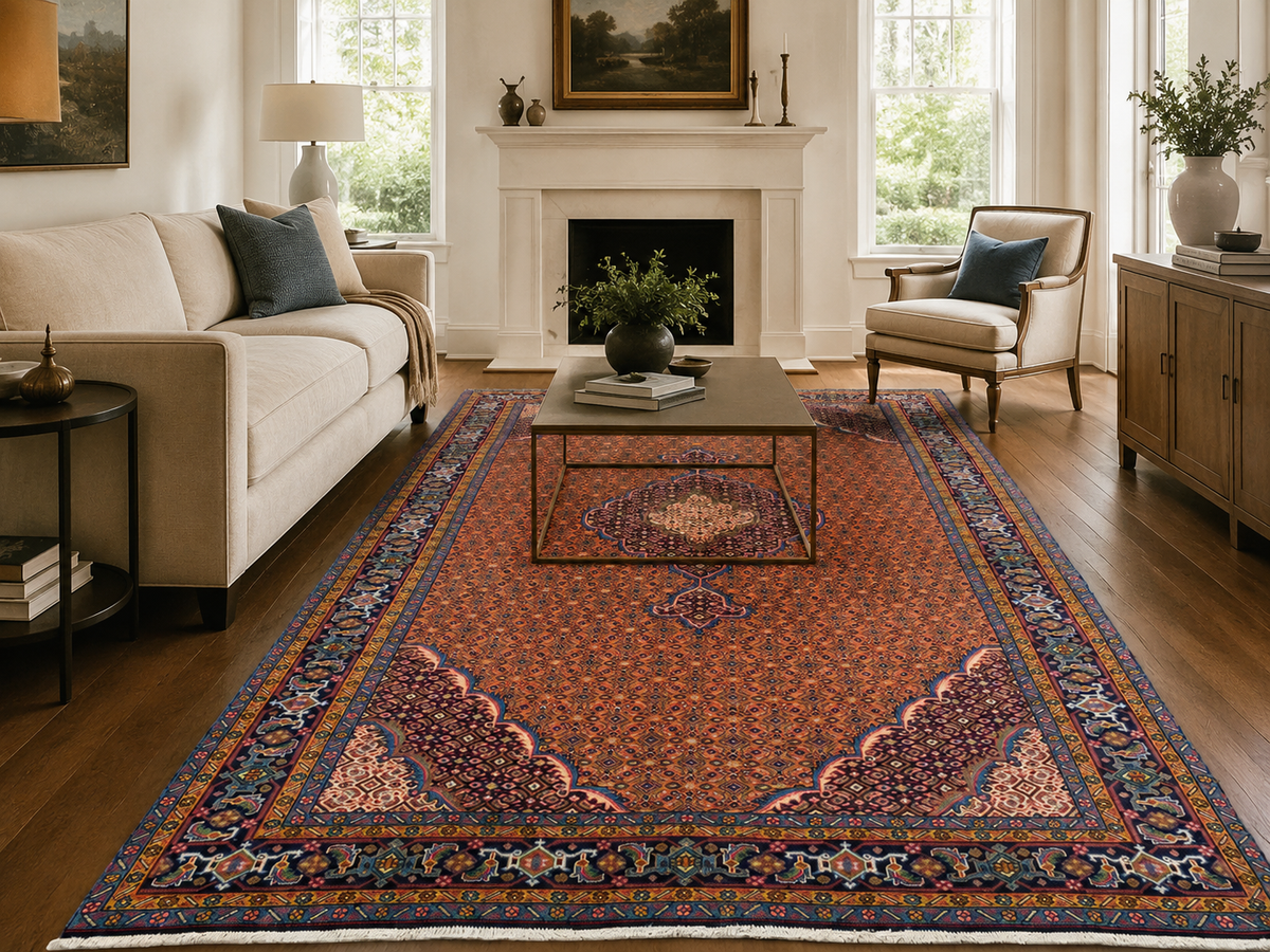 9'11" x 6'4" Handmade Persian Wool Rug styled in a room