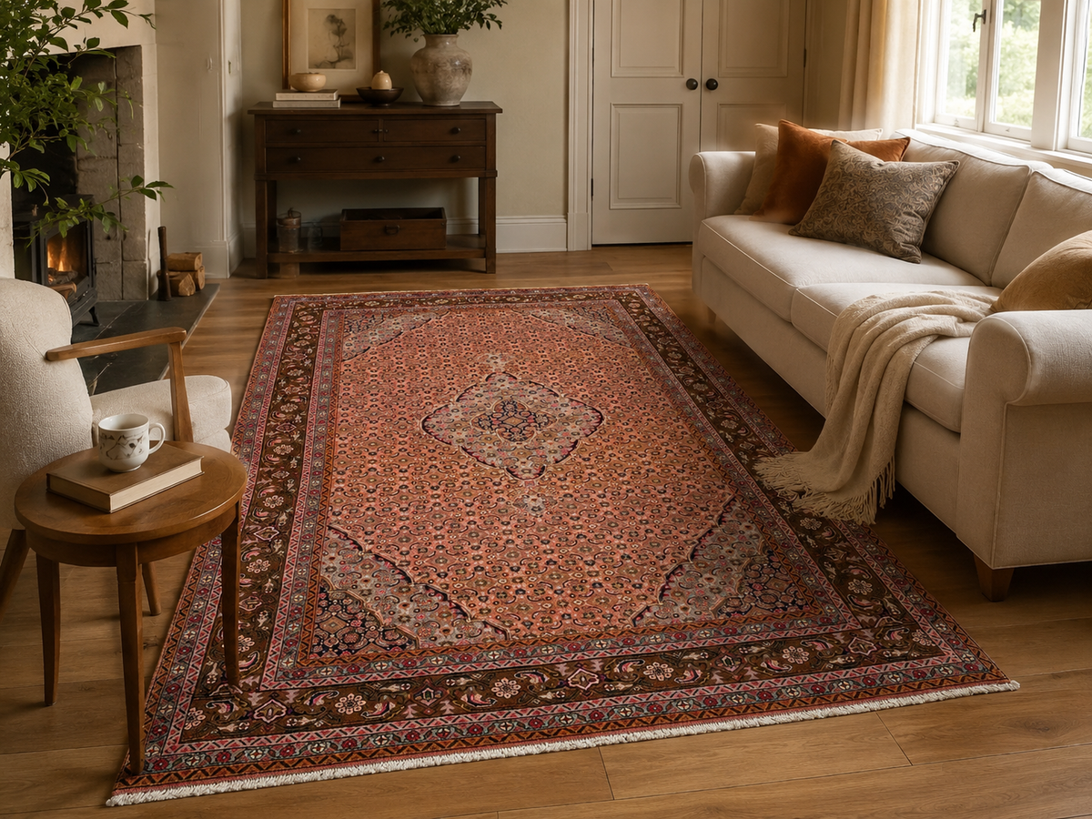 Handgemaakt Perzisch wollen vloerkleed 7x10 room styling example