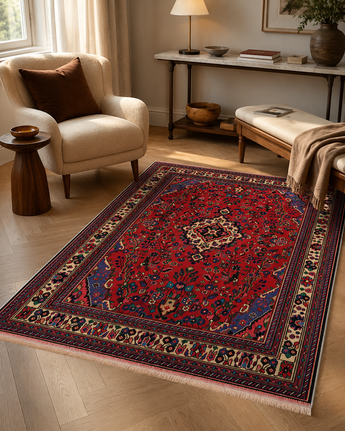 Handgeweven Perzisch wollen karpet 7x10 room styling example