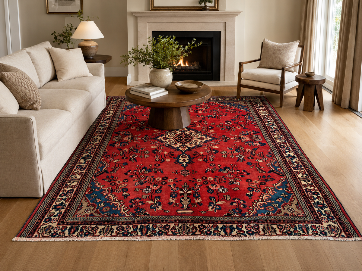 9'3" x 6'10" Handmade Persian Wool Rug styled in a room
