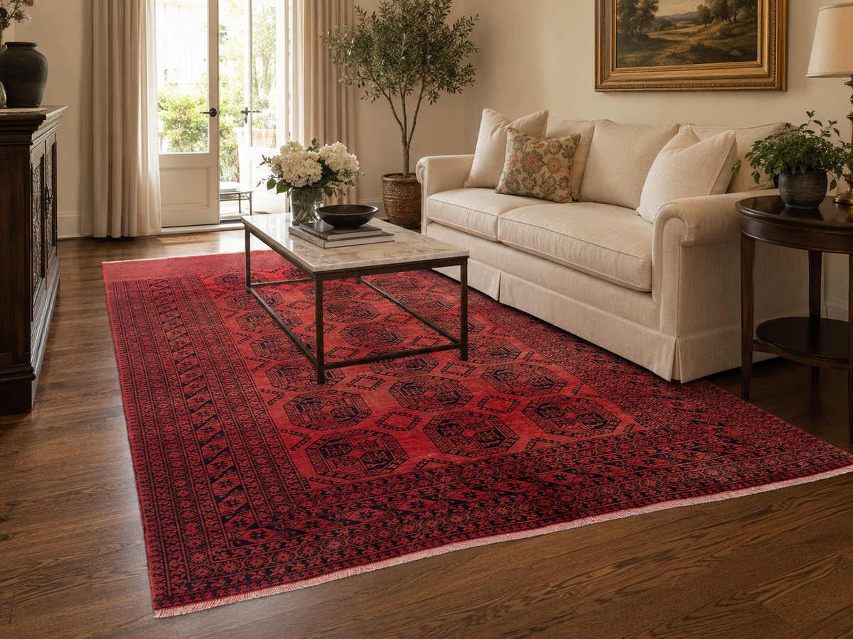 9'0" x 6'6" Handmade Persian Wool Rug styled in a room