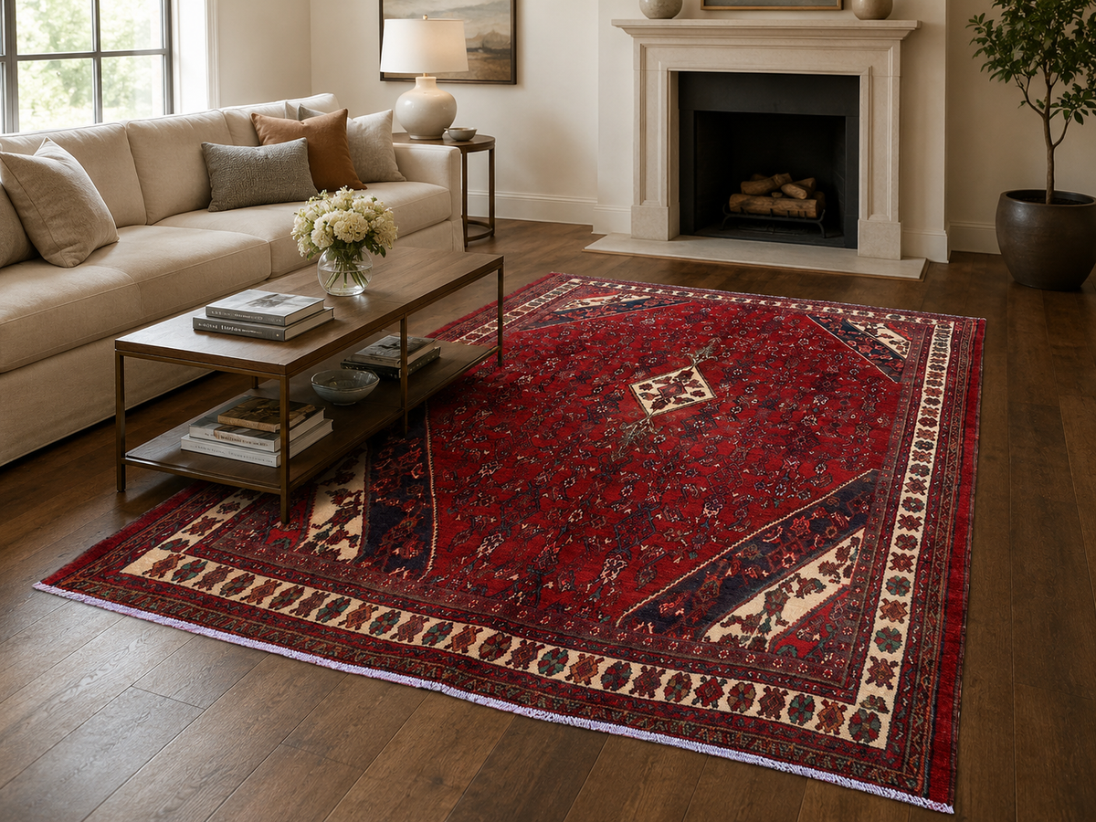 9'2" x 6'10" Handmade Persian Wool Rug styled in a room