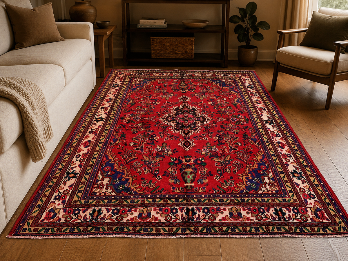 Handgemaakt Perzisch wollen vloerkleed 7x10 room styling example