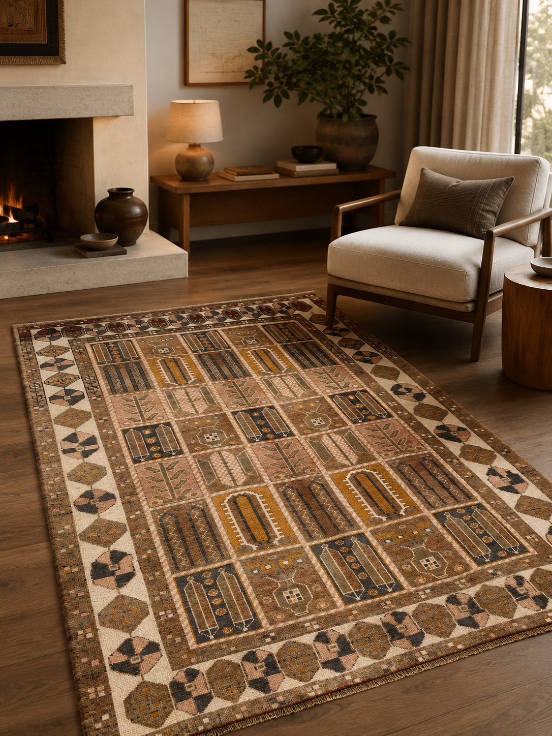 Handgeweven Perzisch wollen vloerkleed 7x10 room styling example