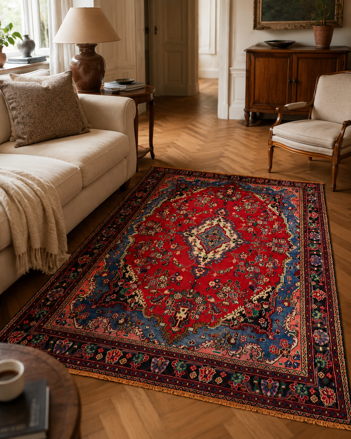 Handgemaakt Perzisch wollen vloerkleed 7x10 room styling example
