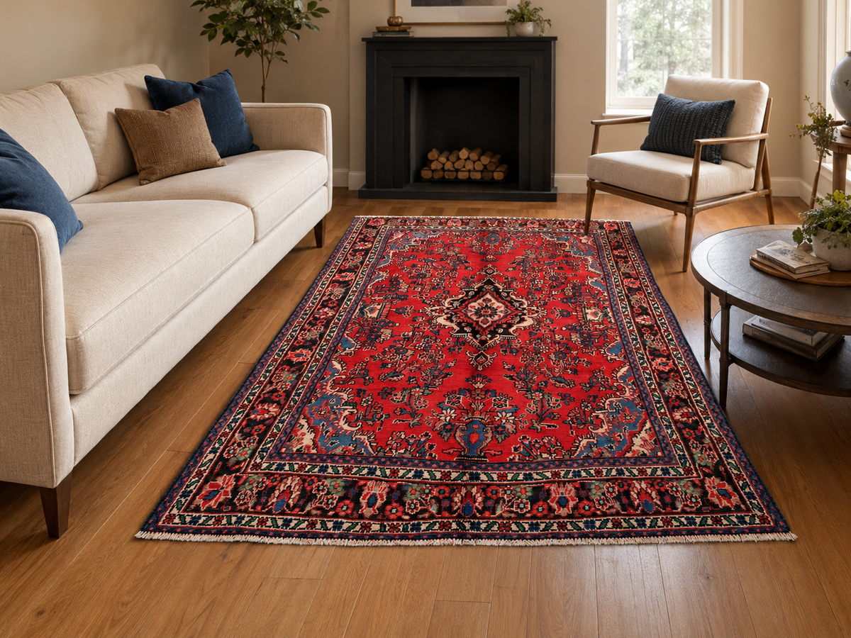 9'7" x 6'4" Handmade Persian Wool Rug styled in a room