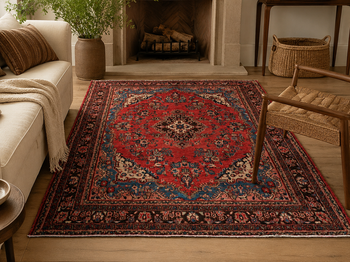 Handgemaakt Perzisch wollen vloerkleed 7x10 room styling example