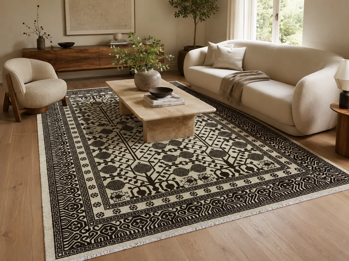 Handgemaakt wollen Chobi-vloerkleed 7x10 styled in a room