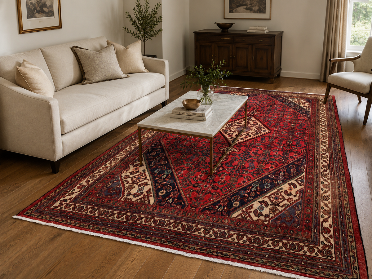 9'10" x 7'0" Handmade Persian Wool Rug styled in a room