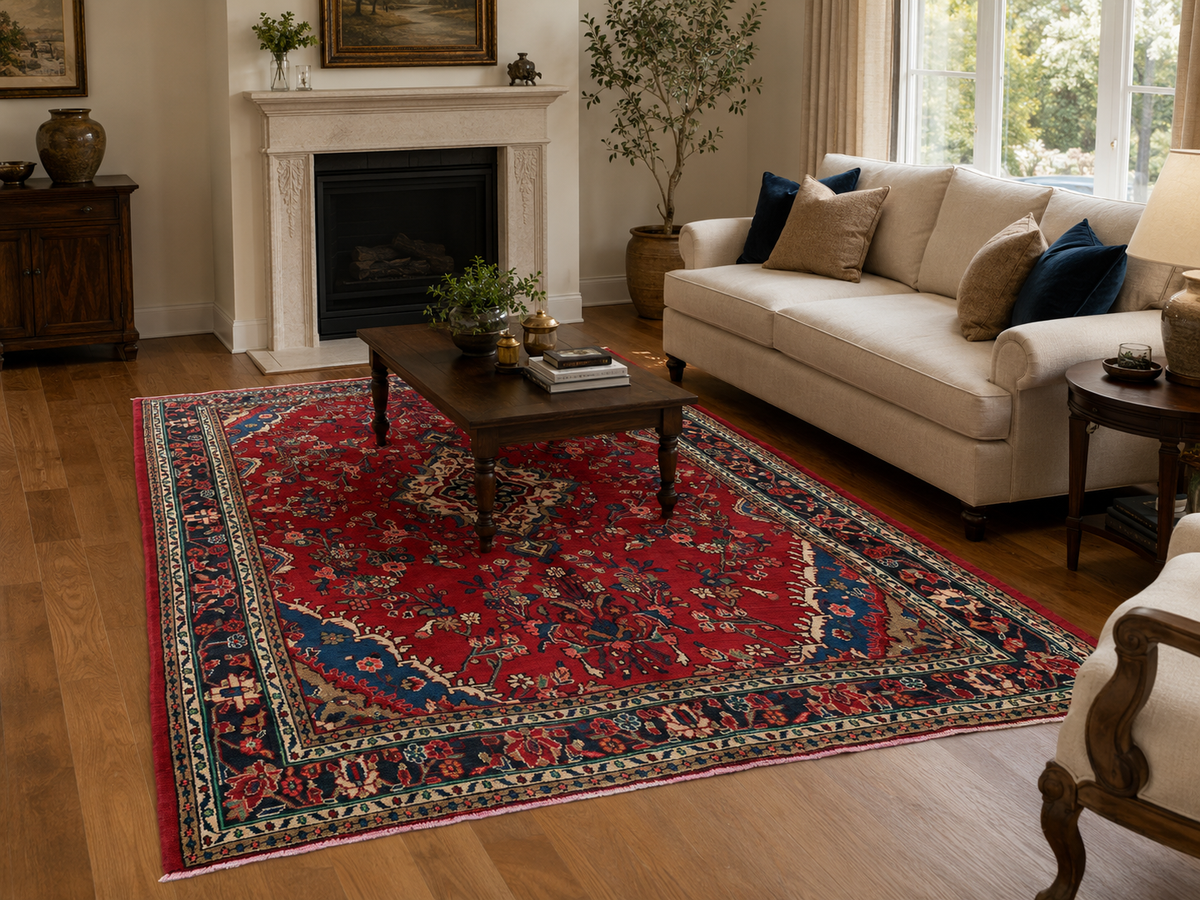 10'3" x 6'11" Handmade Persian Wool Rug styled in a room