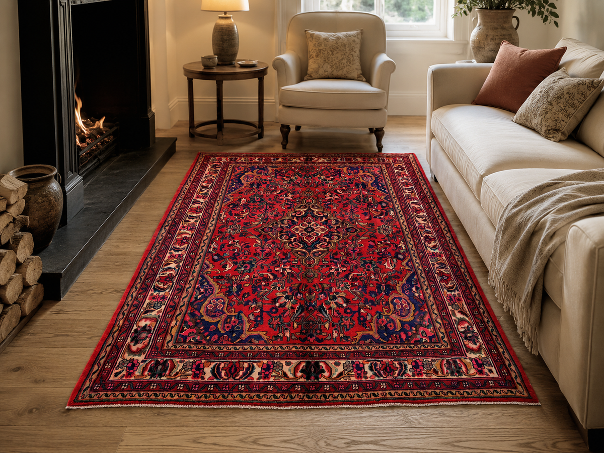 Handgemaakt Perzisch wollen vloerkleed 7x10 room styling example