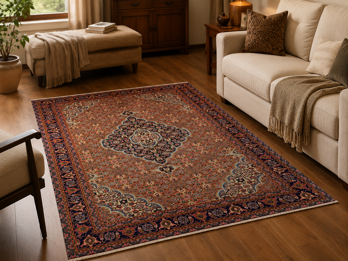Handgemaakt Perzisch wollen vloerkleed 7x10 room styling example