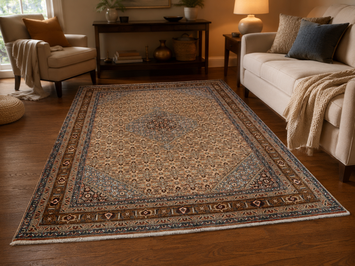 Handgemaakt Perzisch wollen vloerkleed 7x10 room styling example