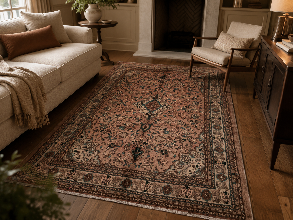 Handgemaakt Perzisch wollen vloerkleed 7x10 room styling example