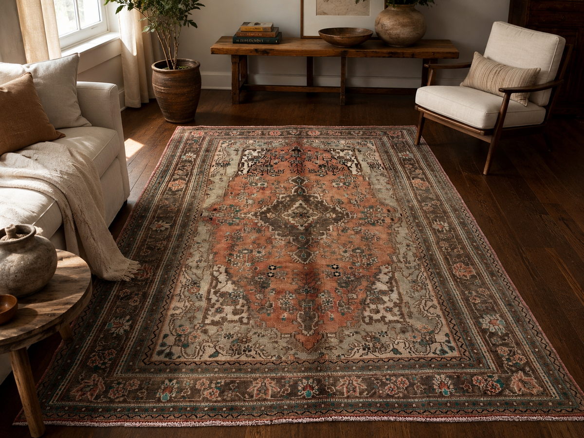 Handgemaakt Perzisch wollen vloerkleed 7x10 room styling example